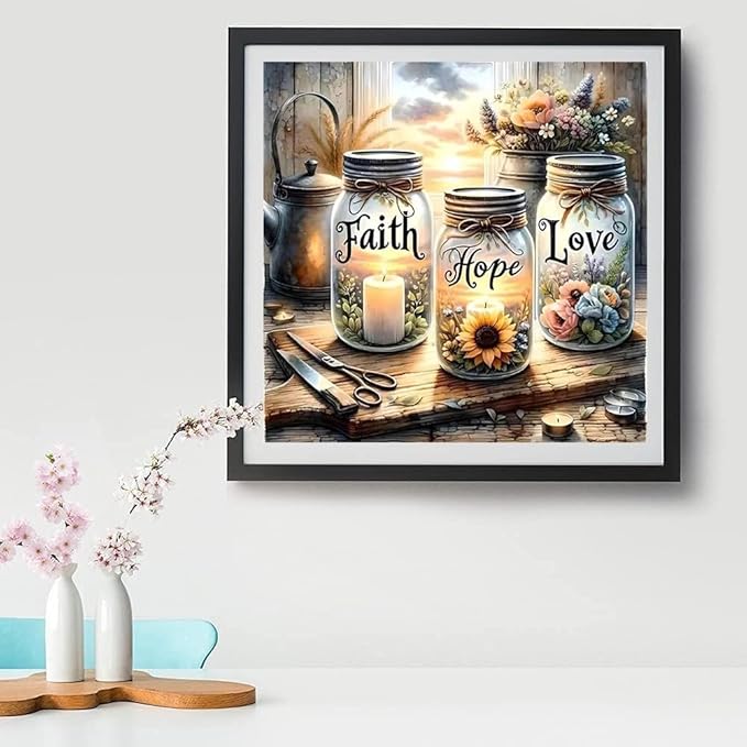 Stamped Cross Stitch Kits for Adults - Faith,Hope,Love Wishing Bottle Embroidery Kits for Beginners Adults,11 CT Patterns Dimensions Counted Cross Stitch Kits for Arts Craft Kits 13.7X 13.7 inch