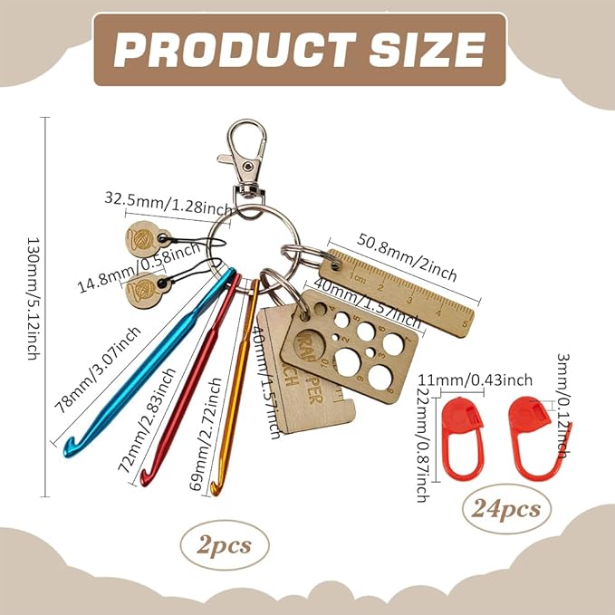 FINGERINSPIRE 26 Pcs Crochet Hook Kit 22x11x3mm Stitch Markers Mini Keychain Aluminum Crochet Hooks Knitting Needles Crochet Hook Keychain Portable Crochet Keychains Kit with Wooden Pendant and Pin