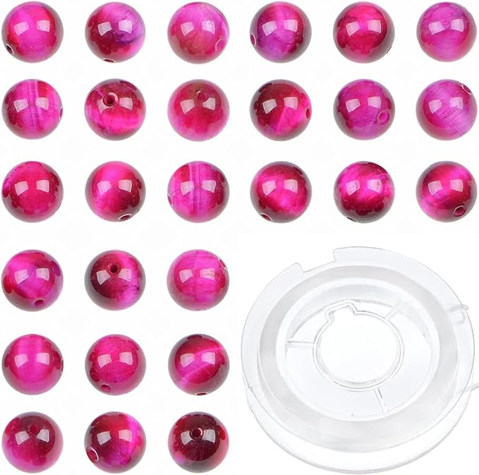 bymitel 140pcs crystal beads stone gemstone round energy healing loose beads with stretch cord for jewelry making bracelets anklets (light fuchsia tiger's eye, 8mm 140pcs)
