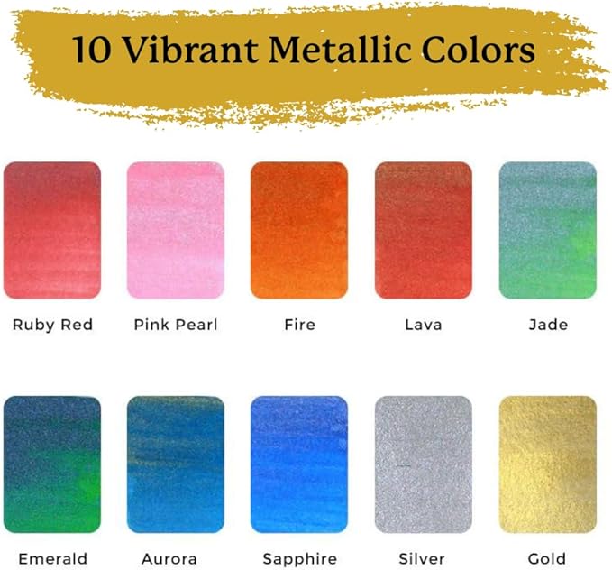 Viviva Watercolor Sheets, Metallic 10 Colors - Travel Watercolor Paint Set for Adults, Beginners, Artists, Hobbyists - Lightfast, Vibrant, Handmade & Portable Watercolor Kit with Mixing Palette