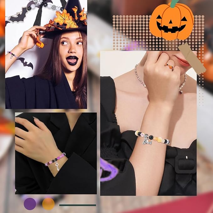 SUNNYCLUE 1 Box 6Pcs Halloween Bracelet Making Kit Tibetan Style Spider Charms Witch Hat Charm Pumpkin Skull Charms Black Purple Orange Round Glass Beads for Jewelry Making Kits Beading Supplies