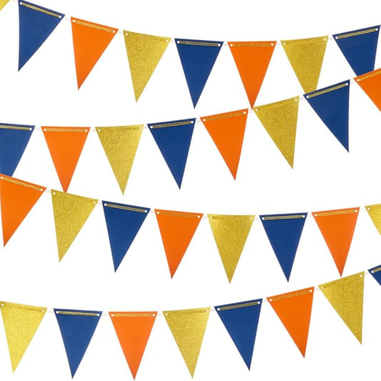 MOWO Gold Blue and Orange Pennant Banner Paper Bunting Hanging Decoration for Graduation Birthday Wedding Retirement, Pack of 30 Counts Pennant, 20 feet