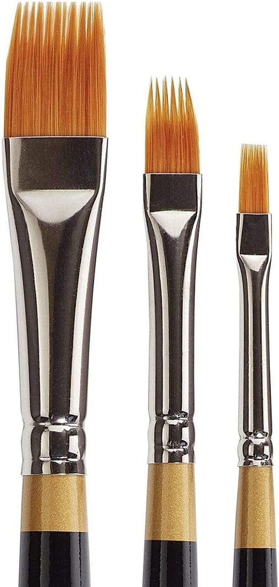 KINGART Premium 3 pc. Original Gold 9120 Series RAKE Comb Artist Brush Set, Synthetic Golden Taklon Hair for Acrylic, Oil, Watercolor and Gouache Paint, Short Handle, 3 Sizes: 1/8", 1/4", 1/2"