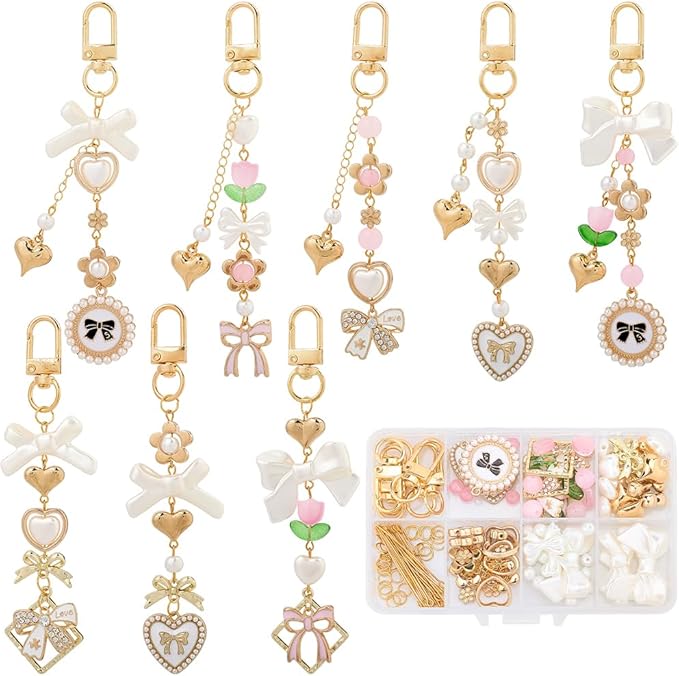 SUNNYCLUE 1 Box 156Pcs DIY 8 Sets Keychain Making Kit Bows Key Chain Charm Bead Kit Bowknot Beads Bulk Imitation Pearls Flower Bow Heart Swivel Key Rings for Jewelry Making Crafts Keyrings Supplies