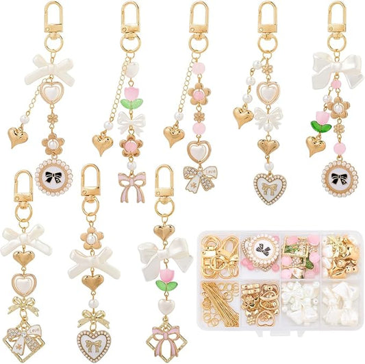 SUNNYCLUE 1 Box 156Pcs DIY 8 Sets Keychain Making Kit Bows Key Chain Charm Bead Kit Bowknot Beads Bulk Imitation Pearls Flower Bow Heart Swivel Key Rings for Jewelry Making Crafts Keyrings Supplies