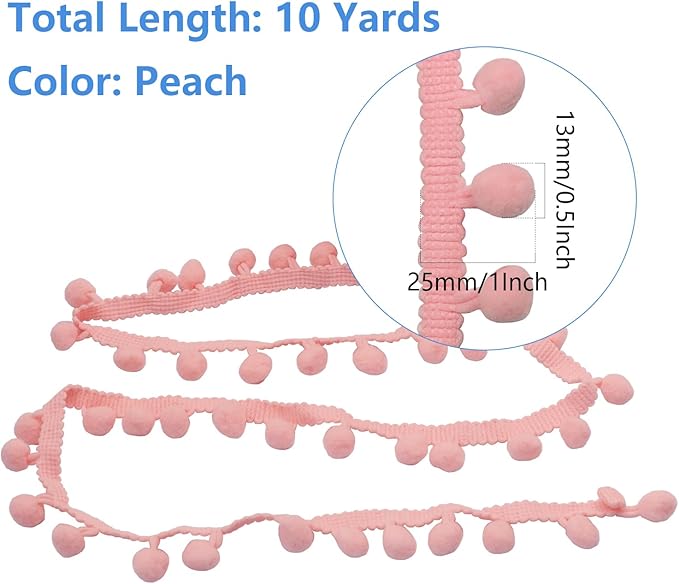 Homiest 10 Yards Pom Pom Trim for Sewing, 1 Inch Wide Peach Ribbon Bundles Textured Fabric Fringe Ribbon, 13mm Ball Pompom Trim for DIY Crafts Curtain Clothes Pillow Home Decoration