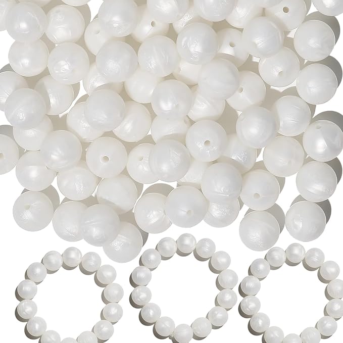 120pcs Richbunnys 15mm Bulk Silicone Beads for Pens and Keychain Making,Large Bead for Necklace and Bracelets Making,Assorted Rubber Beads Set（Pearlescent Snow）