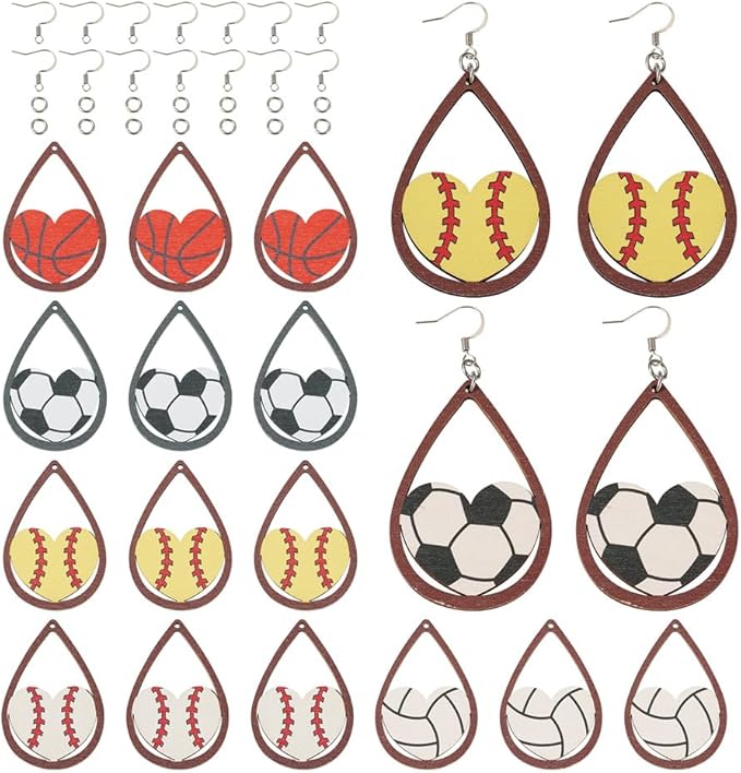 20pcs Sport Ball Earring Making Kits Football Basketball Rugby Wooden Charms 5 Styles Sport Ball Earring Pendants with Ear Hooks Jump Rings for DIY Jewelry Hanging Ornament Making