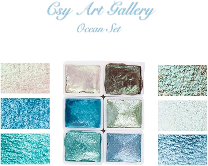 CSY art gallery Artist Watercolor Paint Set-Glitter Paint -Metallic Water Coloring Paint - Solid Palette- Retro Portable Metal Case-Pearlescent Color Set Sparkle Professional Watercolour (Ocean)
