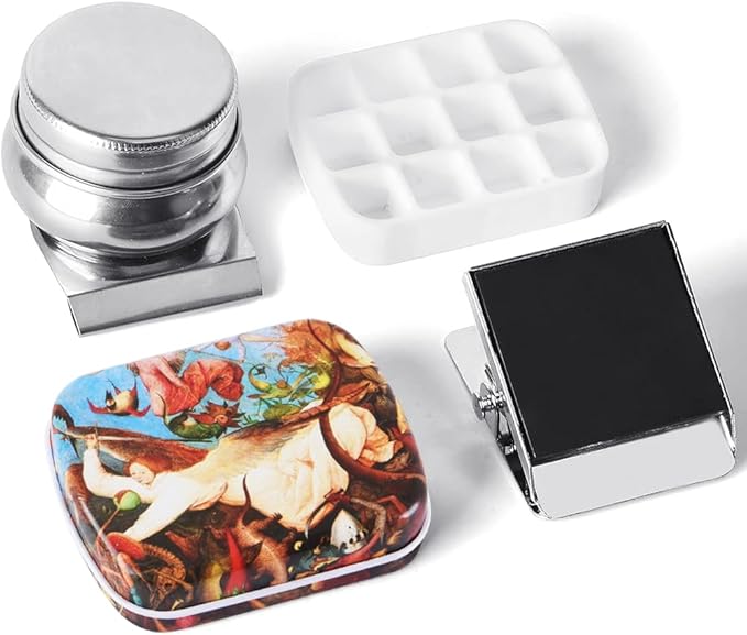 Portable Mini Tin Box 12-Well Empty Watercolor Palette Paint Mixing Tray is a Small Storage Kit with Magnetic Clip and Oil Pot,Making it Outdoor Sketching and DIY Painting.Space and Time Walk