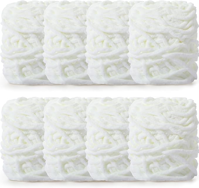 Buryeah 8 Pack Chunky Chenille Yarn for Crocheting Soft Thick Fluffy Yarn for Hand Knitting Bulky Velvet Blanket Plush for Weaving DIY Crafts Each 3.5 oz 55 Yards (Cream)