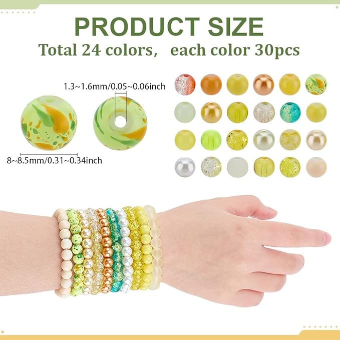 PH PandaHall 720pcs 8mm Yellow Glass Beads 24 Color Bracelet Beads Crystal Bead Baking Painted Glass Loose Bead for Fall Friendship Bracelet Earring Jewelry Making Christmas Tree Ornament