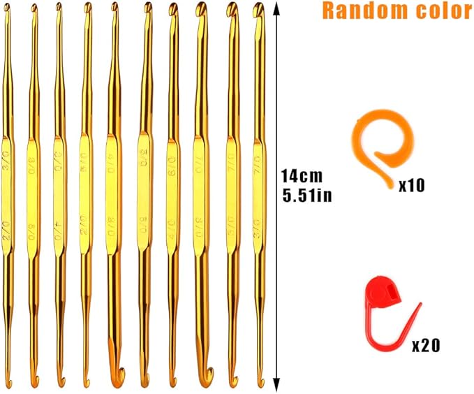40 Pcs Double End Crochet Hook Set, Include 10 Pcs Golden Aluminum Crochet Needles, 10 PCS Knitting Crochet Markers Ring, 20 PCS Knitting Stitch Markers for Craft DIY