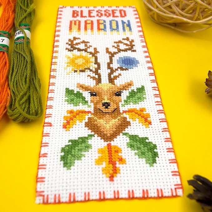 Povitrulya Cross Stitch Bookmark Kit “Mabon“ – Counted DIY Embroidery Set for Adults & Beginners, Autumn Equinox Pagan Wiccan Alban Elfed Harvest Festival Needlework Gift