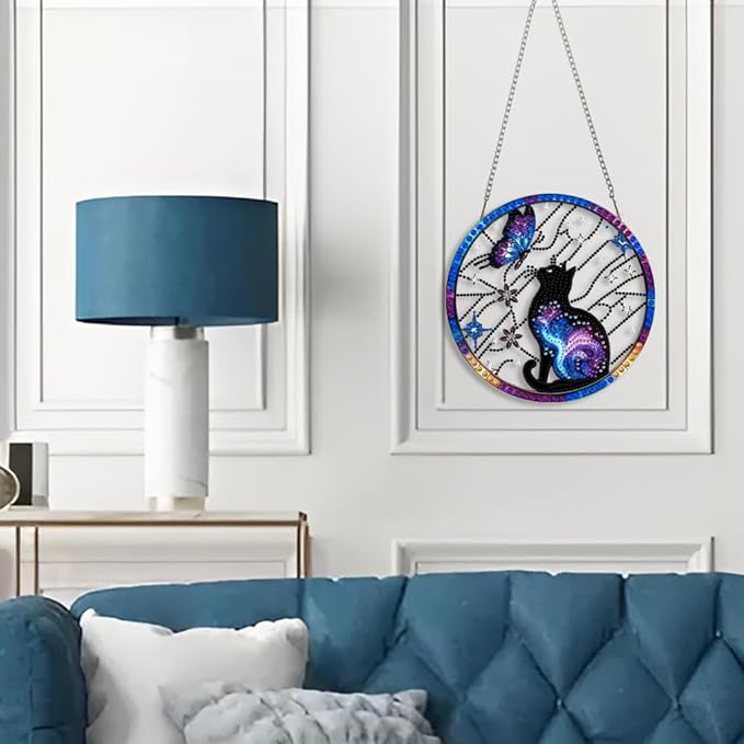 STGLCR DIY Hanging Diamond Art Pendant Painting Kit Cat Wreath, Acrylic Diamond Art Board Butterfly Ornament for Adults Painting Pendant Ornament for Home Wall Decor 7.87inch Aurora