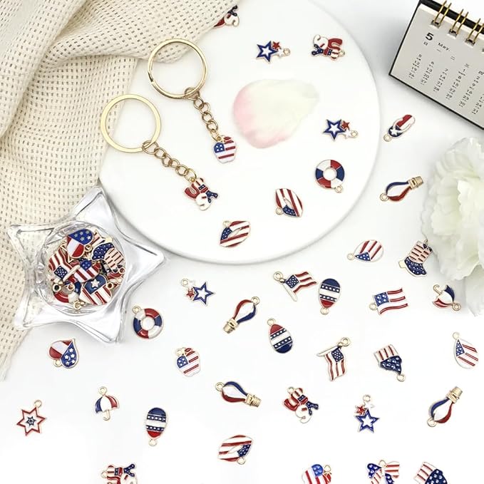 WOCRAFT 120pcs Assorted Enamel Bracelet 4th of July Independence Day American Flag Charms for Jewelry Making Crafts, DIY Necklace Bracelet Keychain Crafting Kit (SN802)