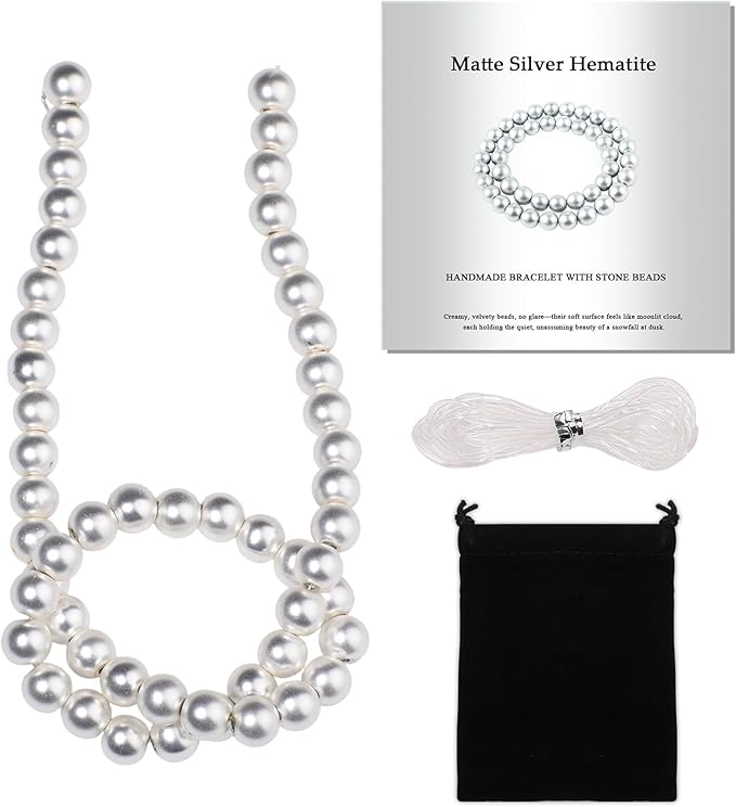 Stone Beads, 45pcs Matte Silver Hematite, 8mm Round Loose Beads for Jewelry Making, Bracelets, with Bag, String & Card