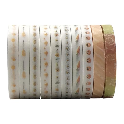 Vintage Pattern 5mm Wide Skinny Washi Tapes Set, 10 Rolls Minimalist Yellow Japanese Masking Decorative Tapes for Bullet Journal Planners DIY Decor Crafts Arts Scrapbooking Adhesive