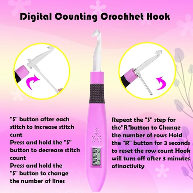 lewhoo 18 size counting light up crochet hook,digital crochet hooks with stitch counter,lighted metal crochet needle with case