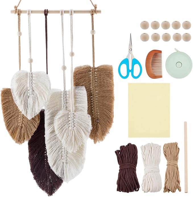 FREEBLOSS DIY Macrame Leaf Wall Hanging Beginners Macrame Kit Leaf Woven Tapestry Feather Wall Hanging DIY Macrame Kit for Adults Birthday Gift (Grey&White)