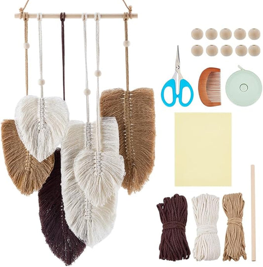 FREEBLOSS DIY Macrame Leaf Wall Hanging Beginners Macrame Kit Leaf Woven Tapestry Feather Wall Hanging DIY Macrame Kit for Adults Birthday Gift (Grey&White)