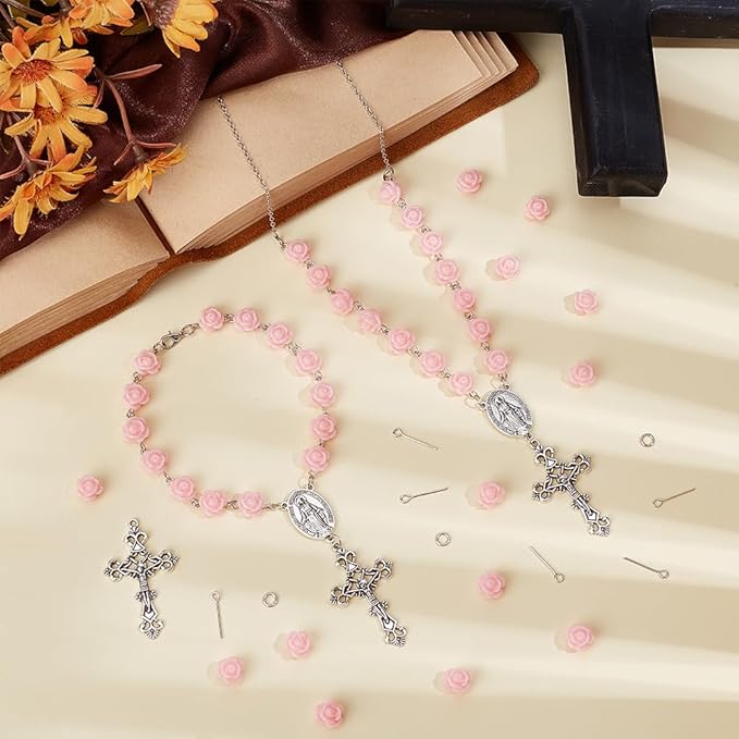PH PandaHall Rosary Making Supplies, 446pcs Pink Rose Beads with Cross Charms Rosary Prayer Making Supplies First Communion Necklace Set for Christmas Baptism Easter Ramadan Necklace Jewelry Making