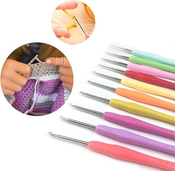 Set of 10 Small Size Crochet Hook Set, Ergonomic Handle Crochet Hook Needles for Arthritic Hands, Thread Crochet Steel Lace Hooks Size 0.5mm to 2.75mm