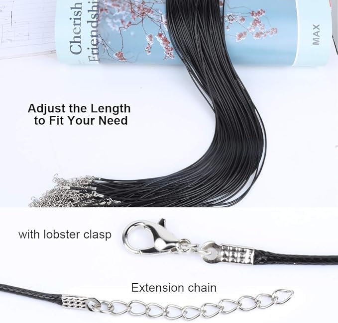 YGDZ Necklace Cord, 100pcs 1.5mm Waxed Bulk Leather Necklace Cord Necklace Rope String Chains with Clasp for Jewelry Making, Black