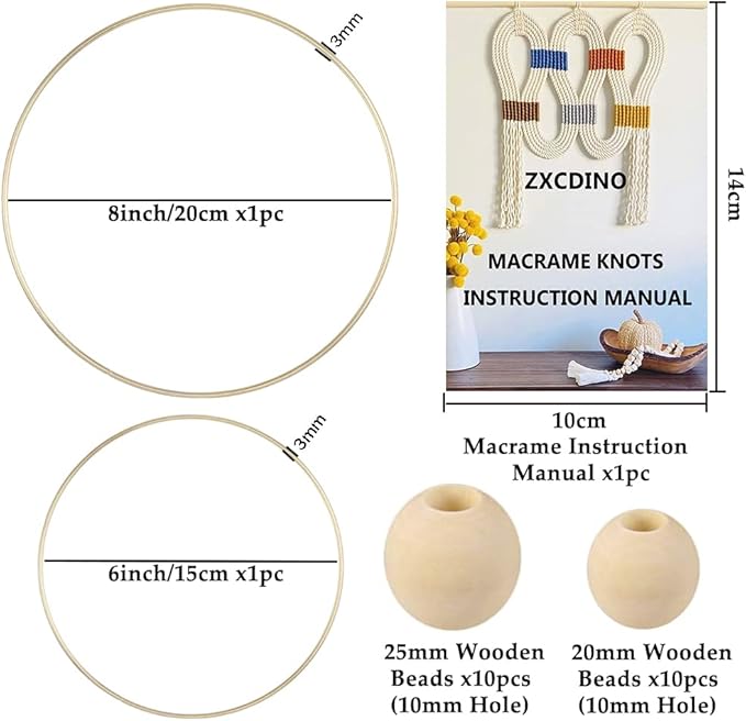 zxcdino 87pcs macrame kits for beginners 3mm x 220yards natural cotton macrame cord wall hanging kit, macrame supplies best for macrame plant hanger with wooden beads,wooden rings