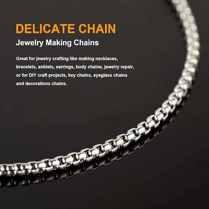 KYUNHOO 10M Stainless Steel Chain Bulk Silver Rolo Chains for Jewelry Making 2.5mm Square Beaded Chain Roll with Jump Rings and Lobster Clasps Men and Women Necklace DIY Jewelry Supplies