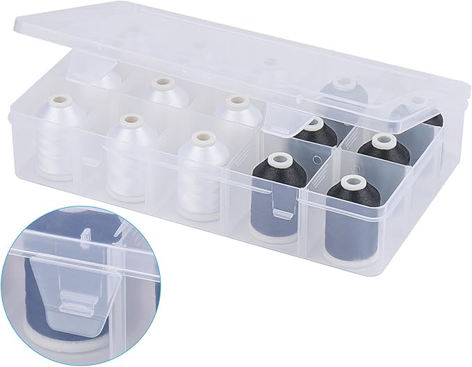 [Box-Upgraded] Machine Embroidery Thread 1000M 9*White 001 + 6*Black 900, with Storage Box Polyester 15 Spools Set for Embroidery Quilting Machine