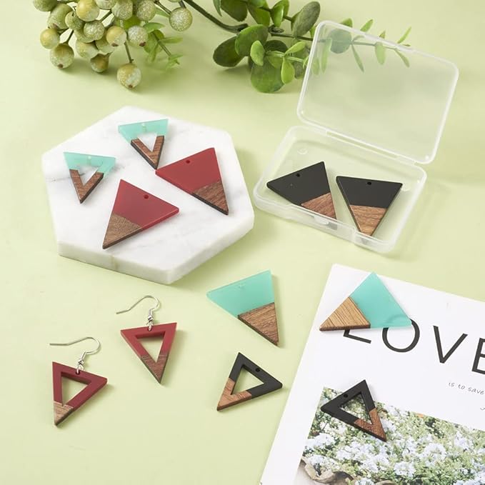 Beadthoven 12pcs/6 Pairs Natural Wood Resin Triangle Charms DIY Earrings Pendants Mixed Colors Hollow Triangle Wooden Pieces Pendants for Statement Jewelry Making Findings