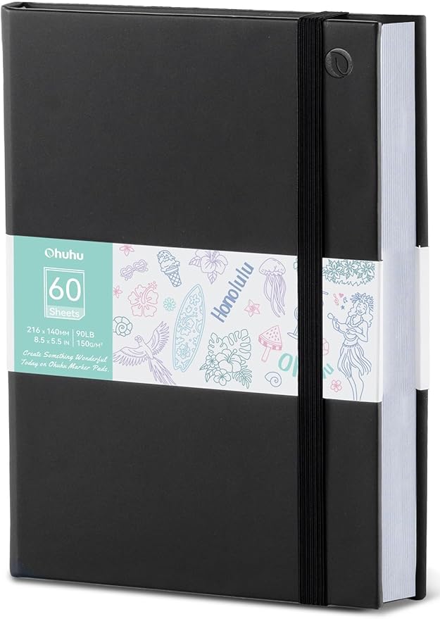 Ohuhu Double-Sided Marker Pad Art Sketchbook Bleedproof - 5.5"x8.5" Small Paper Size - 90 lb/150 gsm Smooth Drawing Paper - 60 Sheets/120 Pages - Hardcover Sketching Book for Alcohol Markers Paints