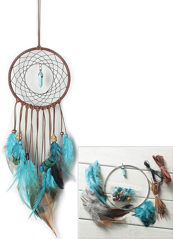 FANDOL DIY Dream Catcher Making Kit, Macrame Dream Catcher Craft Supplies for Kids Bedroom Wall Decor Nursery Baby Room Hanging Wedding Ornaments Party Handmade Gift (Turquoise)