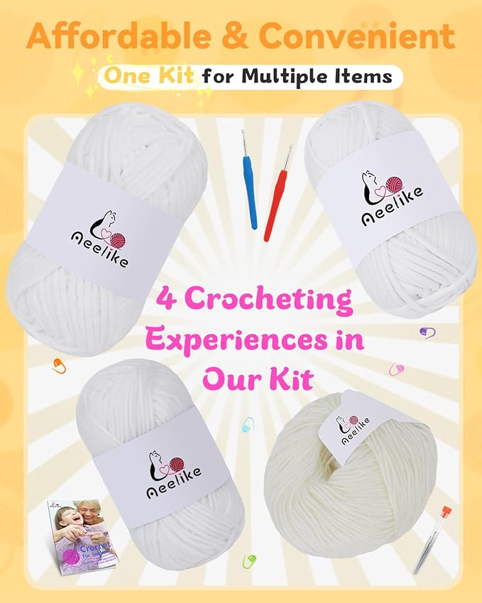 Aeelike Beginner Crochet Yarn Kit w 4 Different Materials White Yarns (Polyester, Cotton, Acrylic, Milk Cotton,) & 2 Ergonomic Hooks (G&7), Ideal Starter Crochet Set for Beginners