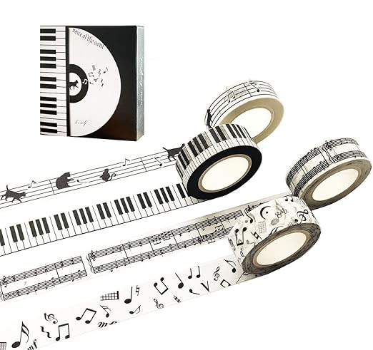 Black and White Piano Note Melody Keyboard Cat Staff Stave Score Music washi Tape Set of 4 Rolls - Decorative DIY Japanese Masking Scrapbook Notebook Planner | Length: 10m (10.93 Yards)