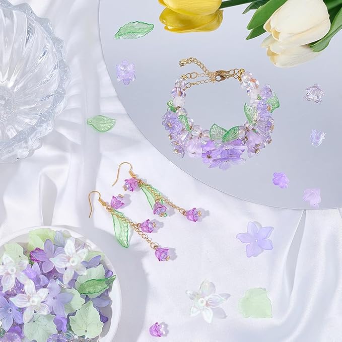 500Pcs Acrylic DIY Flower Leaf Beads Kits Including Assorted Purple Flower Loose Beads Maple Leaf Pendants Charms Acrylic Floral Caps for Earring Bracelet Necklace Craft Jewelry Making