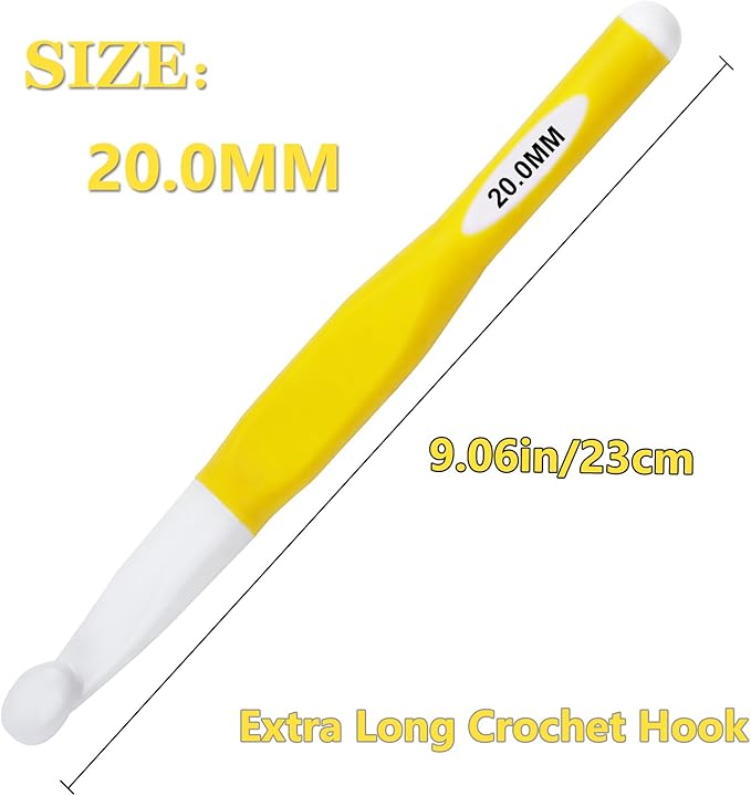 Hobekoee 20mm Large Crochet Hook,Huge Crochet Hooks for Chunky Yarn,Extra Long Crochet Hooks with Soft Ergonomic Handle,Giant Crochet Needles for Crocheting Yarn,Wool Roving