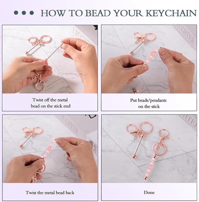 6 Pcs Beadable Keychain Bars Bulk for Beads DIY Blank Keychain Metal Beaded Keychains for Bead Key Chain Making Kit Crafts Gift Rose Gold