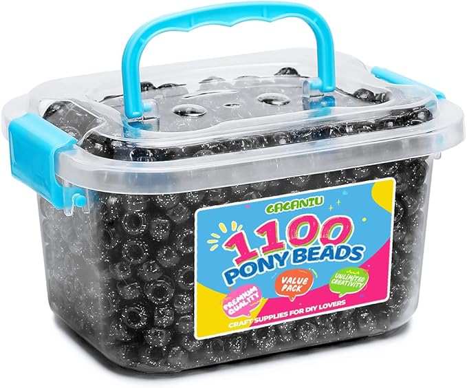 gaganiu pony beads 1100+ pcs – glitter black plastic kandi beads in jar for bracelets, hair braids, jewelry making & diy crafts