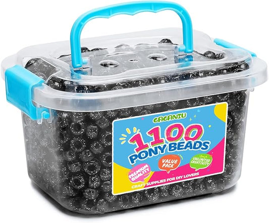 gaganiu pony beads 1100+ pcs – glitter black plastic kandi beads in jar for bracelets, hair braids, jewelry making & diy crafts