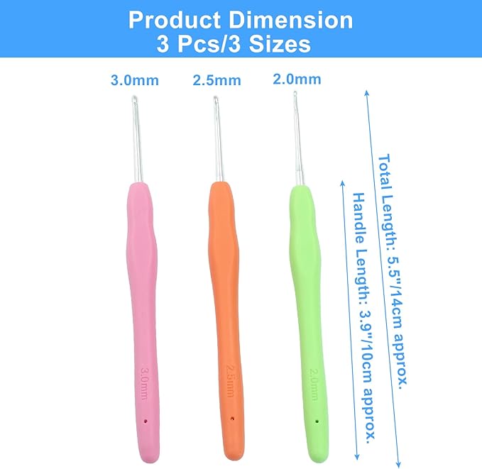 suiwotin 3pcs/Set 2mm/2.5mm/3mm Crochet Hook, Aluminum Crochet Hook Set, Rubber Handle Ergonomic Knitting Needles for Yarn DIY Crafts Projects