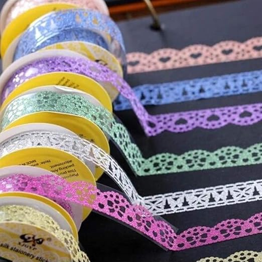 SallyFashion Decorative Washi Tape Set - 6Rolls Glitter Lace Washi Tape for Card Making Supplies, Scrapbook Craft Supplies, Aesthetic Journaling, DIY Craft Projects Gift Wrapping
