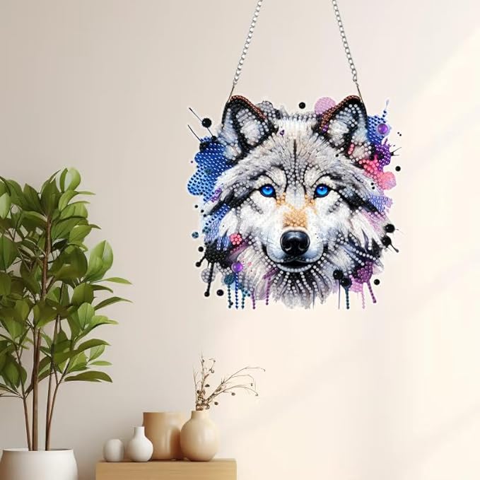 Masendp Wolf Diamond Art Pendant Kit, 5D DIY Special Shape Diamond Art Kit for Adults, Crystal Rhinestone Wolf Diamond Painting Animal Gem Artist Home Decorations