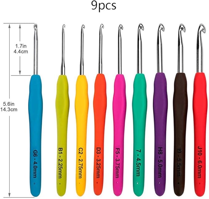 Ergonomic Crochet Hooks Set with Case, BCMRUN 2.25mm(B)-6mm(J) Soft Grip Handles Knitting Needles with Large-Eye Blunt Needles, Stitch Marker, Tape Measure, Crochet Needles Kit for Arthritic Hands
