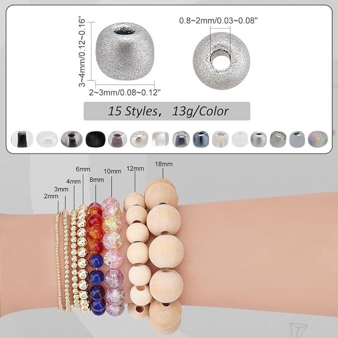 PH PandaHall 4742pcs 15 Colors 3mm Seed Beads 8/0 Small Glass Craft Beads Tiny Round Waist Bead Spacer Bead Kit for DIY Crafts Earring Bracelet Necklaces Jewelry Making, Black/White/Gray