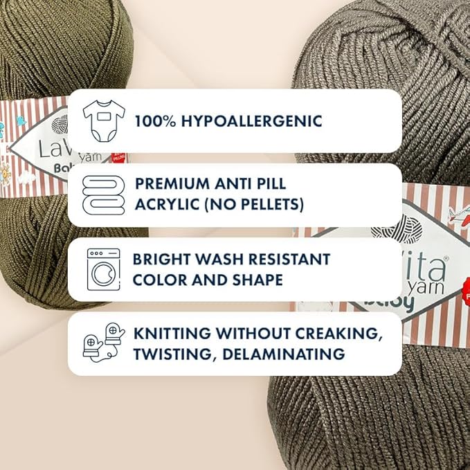 LaVita Baby Premium Anti-Pill Acrylic Yarn - 820 Yards, 3 x 3.5 oz - Warm, Airy Fiber with Silky Texture - Oeko-TEX Certified, Durable, Lightweight, Long-Lasting, Solid Pastel Colors - 3 Skeins Pack