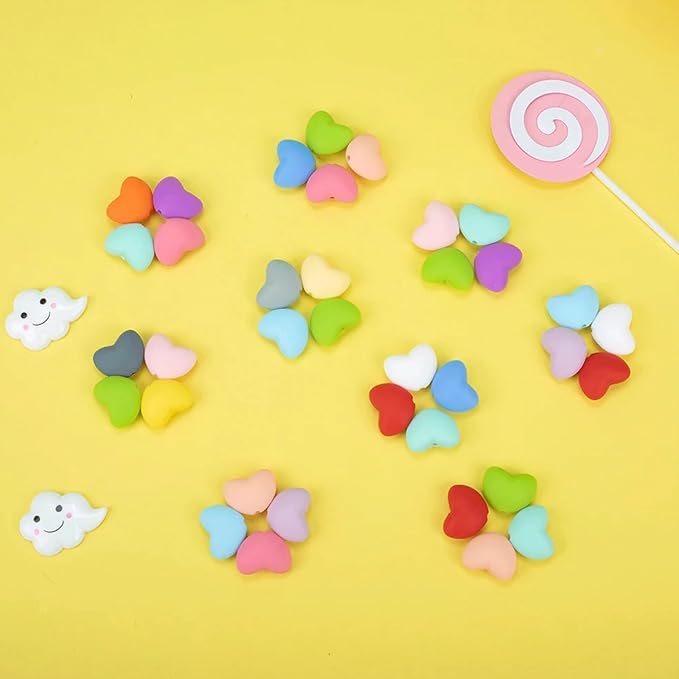 40PCS Heart Silicone Beads Mix Color Silicone Beads Bulk Spacer Beads Colorful Shaped Beads for DIY Craft Garland Keychain Lanyard Necklace Bracelet Jewelry Making Accessories Handmade Crafts