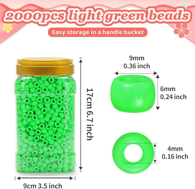 iooleem pony beads(2000pcs light green pony beads), beads for bracelets making, beads for crafts, beading supplies, friendship bracelets making.