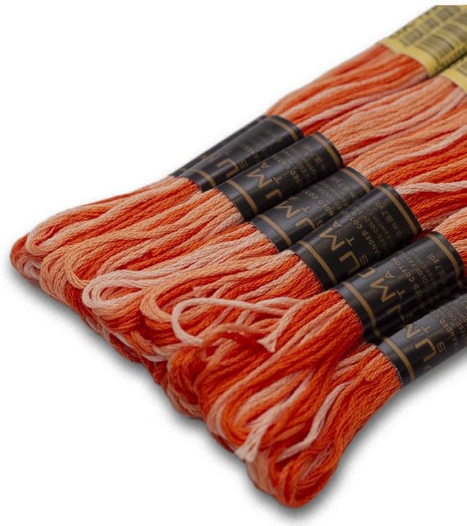 Pack of 12 Premium Embroidery Thread | 100% Egyptian Cotton Premium Skeins | Cross Stitch Embroidery Floss | Oeko TEX Certified | Ideal for Arts & Crafts (Orange Variegated 1220)